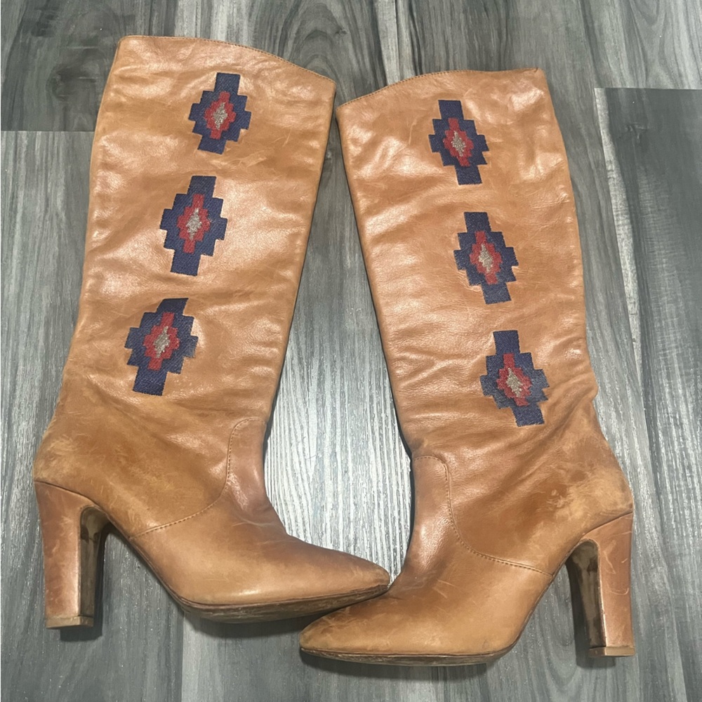 Stylish Tan Embroidered Heeled Boots